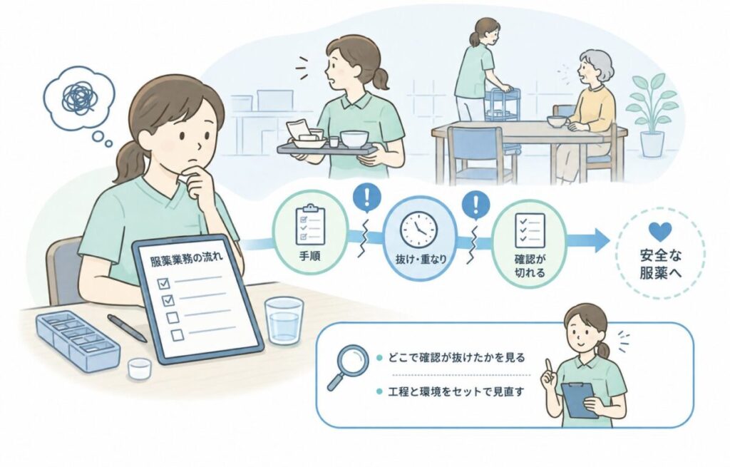 服薬業務の途中で確認が抜ける工程を、手順・業務の重なり・環境から見直す介護現場の図解。