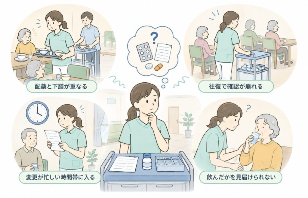 介護施設で誤薬が起きやすい場面として、配薬と下膳の重なり、往復による確認の崩れ、内服変更、服薬見届け不足を示した図。