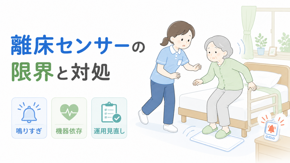 離床センサーが鳴るベッド周辺で介護士が高齢者を支援し、機器依存と運用見直しを示すイラスト