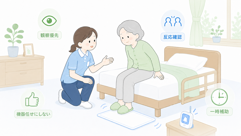 離床センサーだけに頼らず、利用者の様子を観察しながら介護士が支援する場面を描いたイラスト