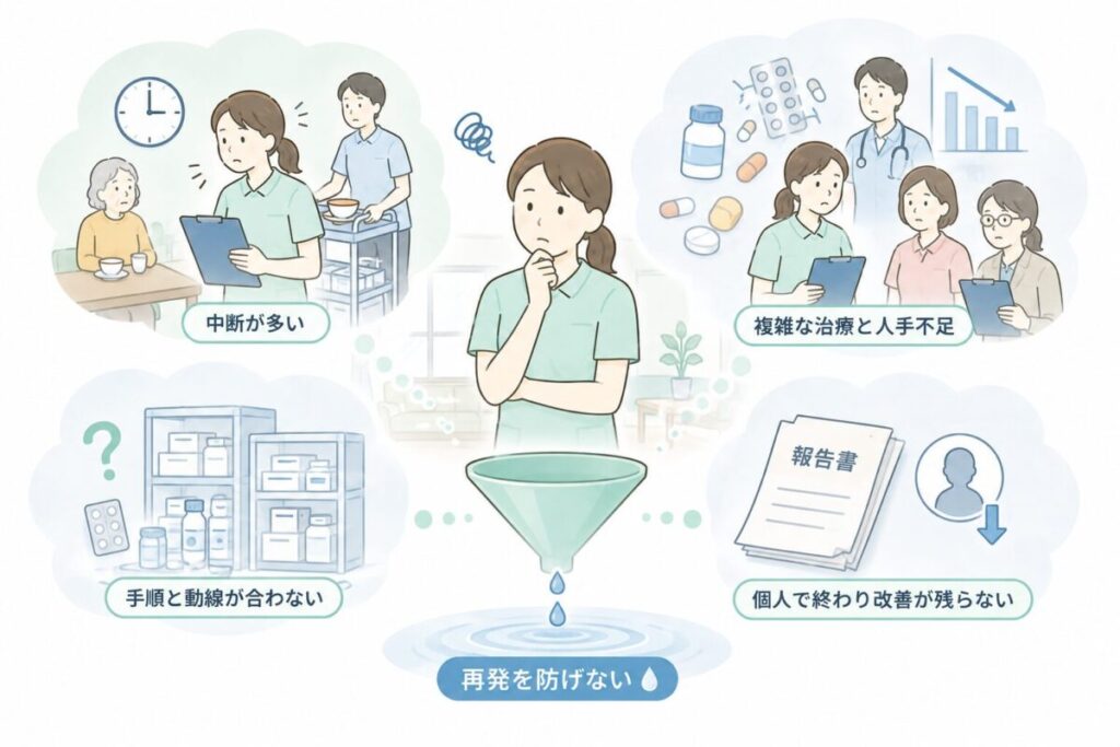 業務中断、手順と動線の不一致、人手不足、個人責任で終わる報告が再発防止を妨げる様子を示した図。