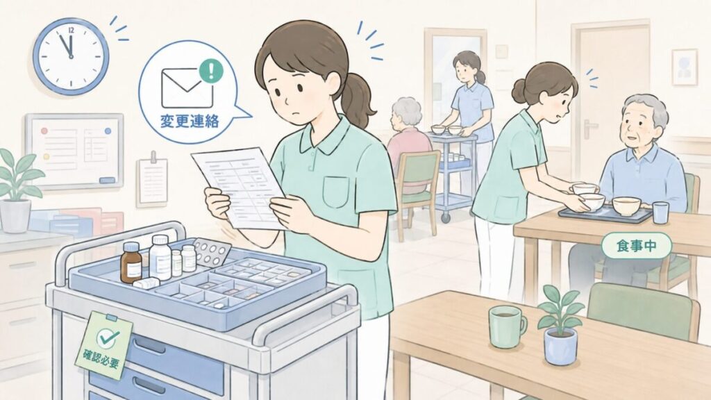 食事介助が続く時間帯に内服変更の連絡が入り、介護士が薬の内容を確認している場面。