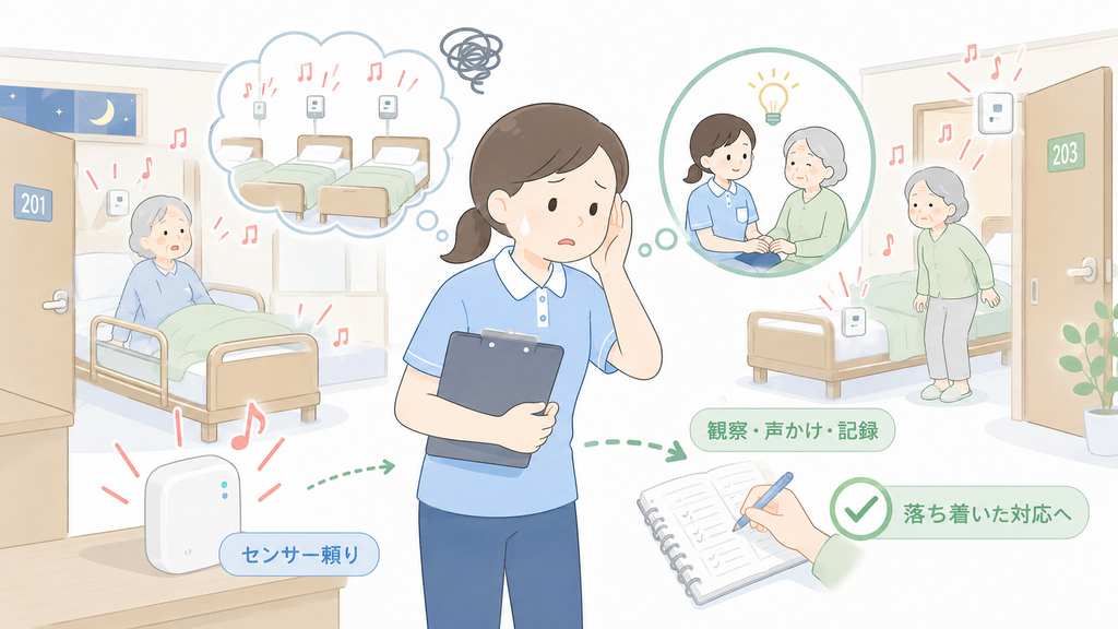 複数の離床センサーが同時に鳴る介護現場で、介護士が対応に迷いながら観察・声かけ・記録へ切り替える様子