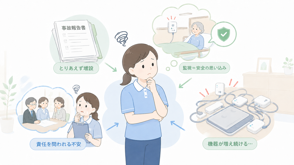 事故報告や責任への不安、監視への思い込みが重なり、離床センサーが増えていく構造を示したイラスト