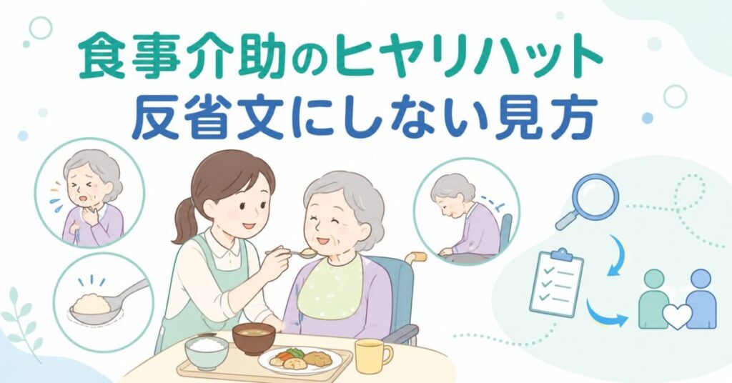食事介助中のむせ・一口量・姿勢崩れを観察し、ヒヤリハットを職員の反省文ではなくケア改善につなげるイラスト