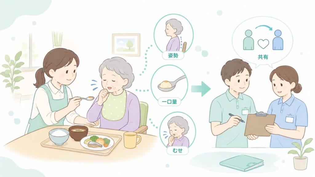 食事介助中のむせをきっかけに、姿勢や一口量を確認し、職員同士で状況を共有してケアの見直しにつなげるイラスト