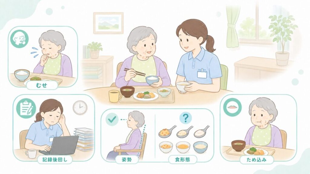 食事介助で起こりやすい、むせ、記録の後回し、姿勢や食形態の見落とし、口腔内のため込みを示したイラスト