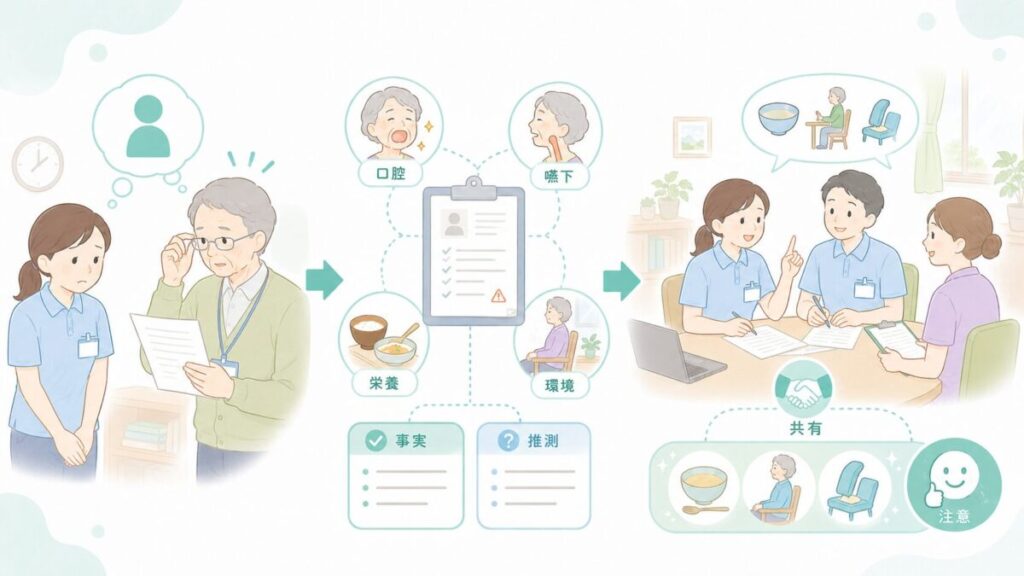 食事介助のヒヤリハットを個人の責任だけで捉えず、口腔・嚥下・栄養・環境などの要因を整理し、職員間で共有して再発防止を考えるイラスト