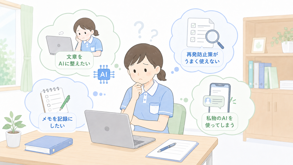 介護職員がAIで文章整理や記録作成、再発防止策、私物AIの利用について迷っている様子を示すイラスト