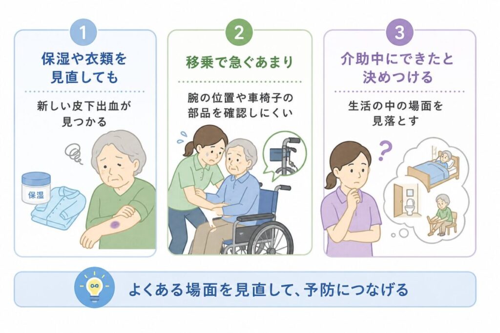 保湿や衣類を見直しても皮下出血が見つかる場面、移乗時の確認不足、介助中の発生と決めつける危険を示した図。