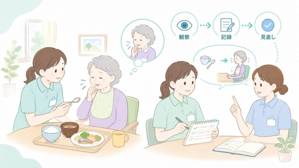 食事介助中の小さなむせを観察し、記録して職員同士で共有し、次回の介助方法の見直しにつなげるイラスト