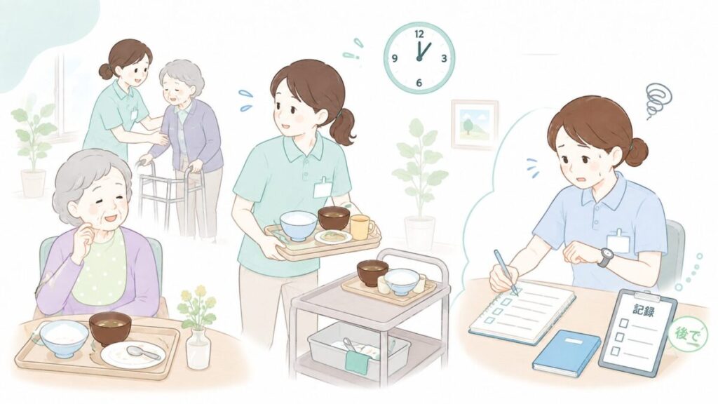 昼食後の配膳回収や利用者対応が重なり、介護士が食事介助の記録を後回しにしてしまう場面を示したイラスト