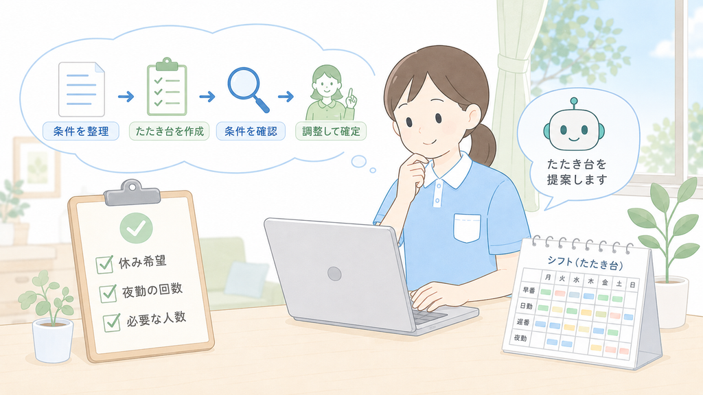 介護士がChatGPTを使い、休み希望・夜勤回数・必要人数を整理しながら介護施設のシフト案を確認しているイラスト