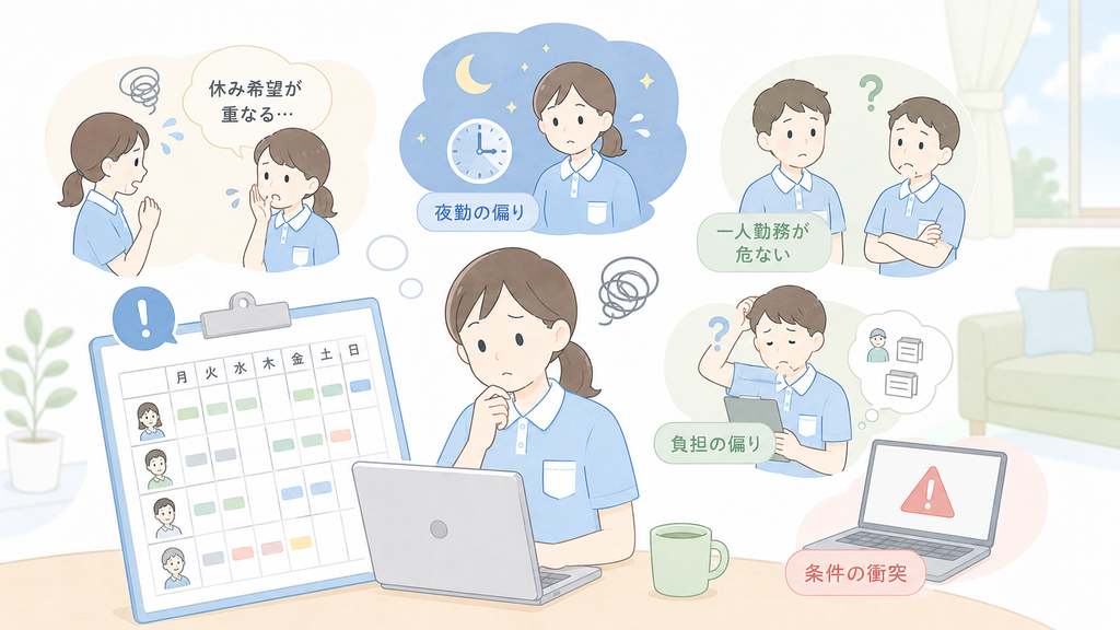 介護施設のシフト作成で、希望休の重複、夜勤の偏り、一人勤務、業務負担の偏り、条件の衝突に悩む介護士のイラスト