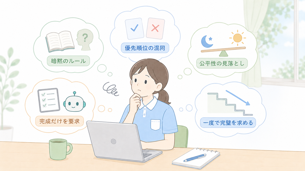介護士がChatGPTでシフト作成をする際に、暗黙のルール、条件の優先順位、公平性、完成版だけを求めることなどの問題点を整理しているイラスト