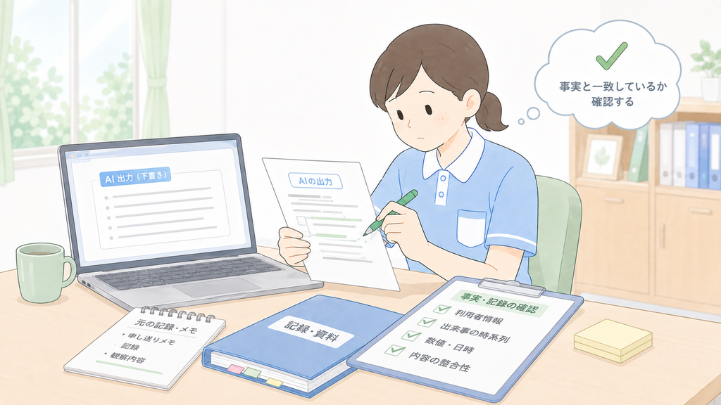 介護職員がAIの下書きと元の記録やメモを見比べ、事実と一致しているか確認しているイラスト