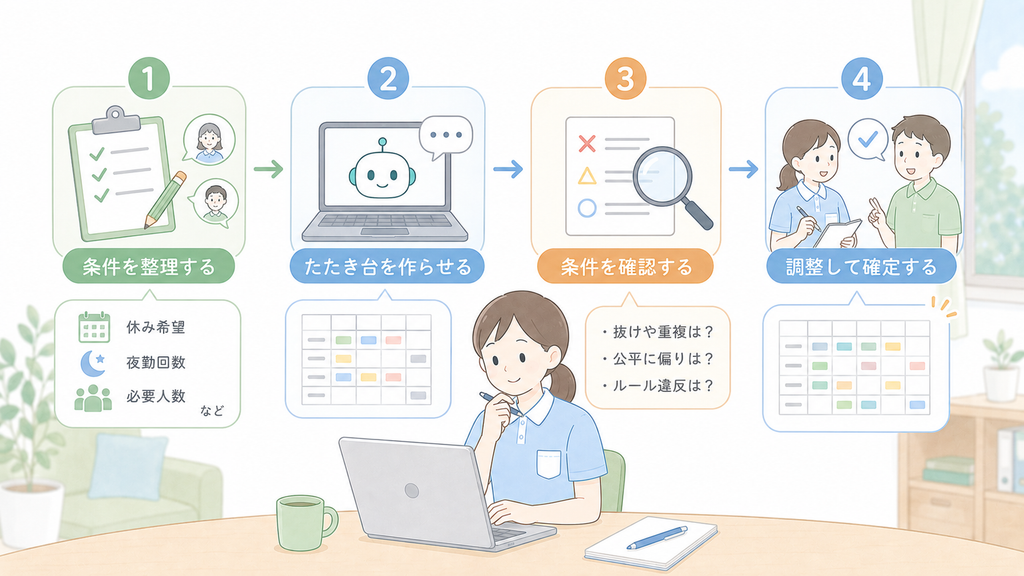 介護施設のシフト作成を、条件整理、たたき台作成、条件確認、調整・確定の4段階に分けて進める流れを示したイラスト
