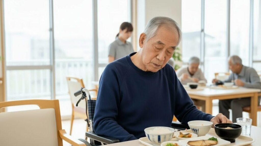 車椅子の高齢男性が食事トレーを前にうつむき気味で座っている。周囲では他の利用者が食事をしており、職員が見守る介護施設の食堂の様子。