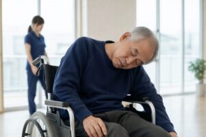 車椅子に座る高齢男性が前かがみでうつむき、眠っているような様子。背後では介護職員が見守りながら歩いている室内の介護施設の一場面。