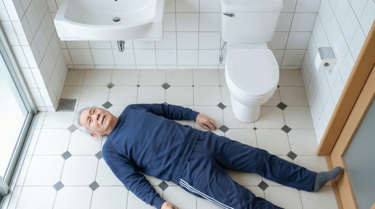 トイレ内で高齢男性が床に仰向けで倒れており、転倒事故が発生した可能性がある状況で発見された場面（転倒リスク・緊急対応・事故報告の対象となるケース）