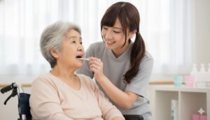 車椅子に座る高齢女性に対し、若い介護職員が歯ブラシで口腔ケアを行っている。明るい室内で笑顔で声かけしながら歯磨きを支援する場面。