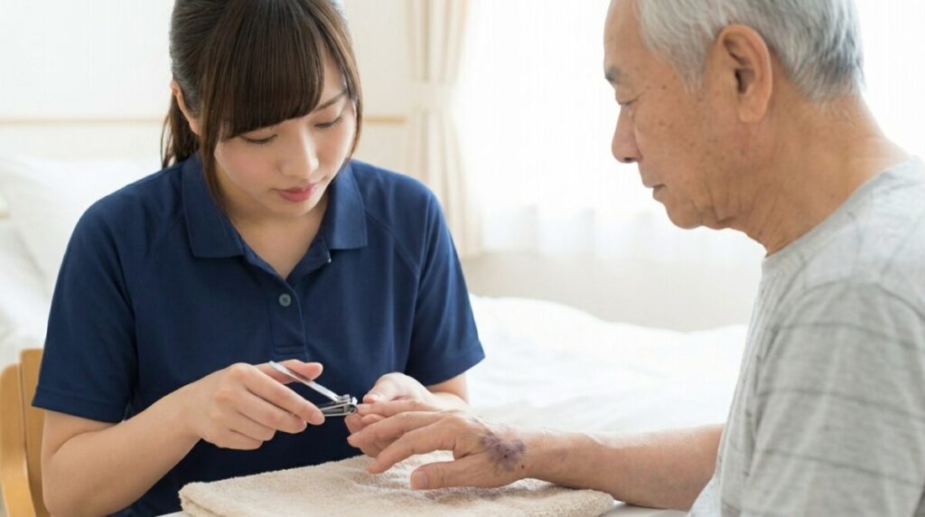 若い女性介護職員がベッドサイドで高齢男性の手を支えながら爪切りを行い、手指の清潔保持とスキンケアを実施している介助場面