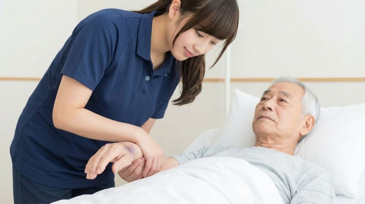 若い女性介護職員がベッド上の高齢男性の前腕を支えながら体位調整を行い、安全な臥床姿勢を維持するための見守りと介助を実施している場面