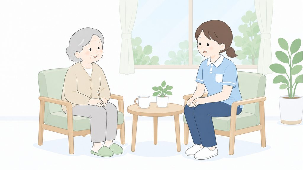 椅子に座る介護職員が利用者に目を向け、会話をしながら表情や様子に気を配る場面を描いたイラストです。
