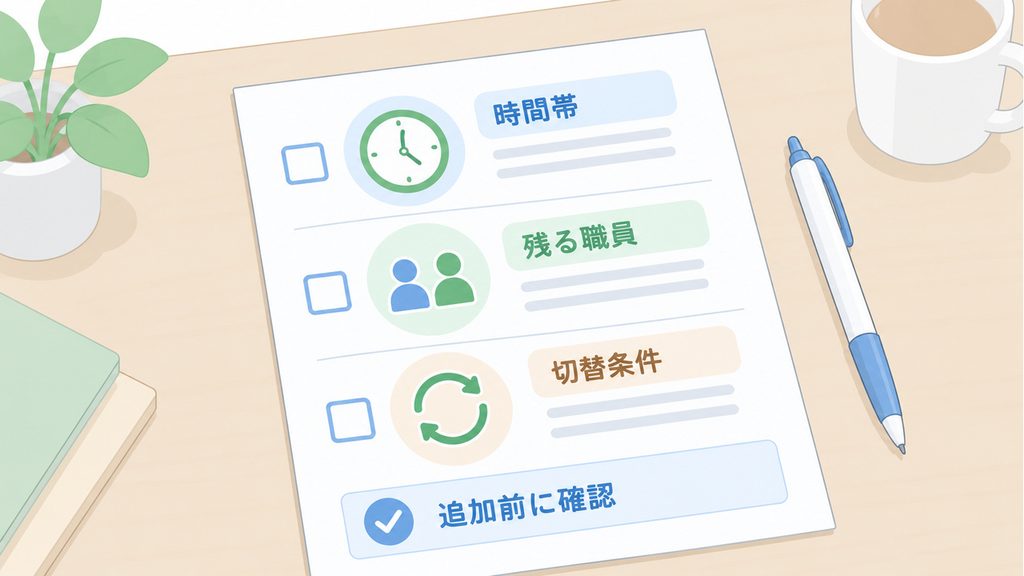 時間帯、残る職員、切替条件のチェック用紙で、別業務を追加する前の確認点を整理した図です。
