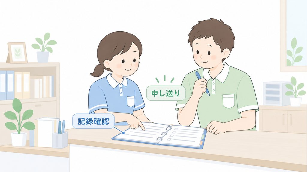 介護職員二人が記録ファイルを一緒に確認し、次の勤務へ必要な情報を申し送る場面を描いたイラストです。
