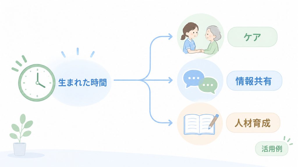 改善で生まれた時間を、ケア、情報共有、人材育成へ振り向ける活用例を矢印で整理した図です。
