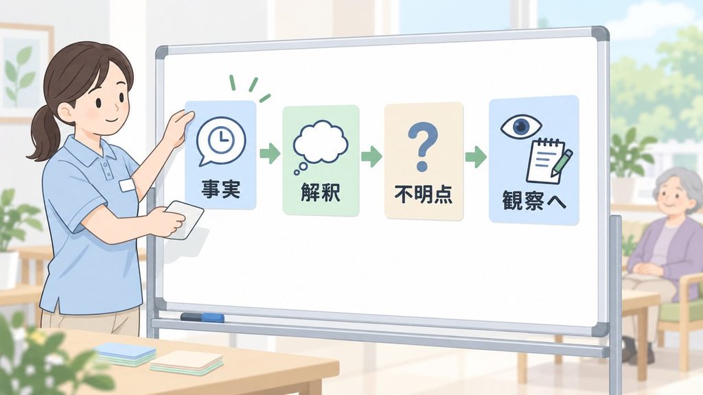 発言と行動を事実・解釈・不明点に分け、次の観察へつなぐ図解です。
