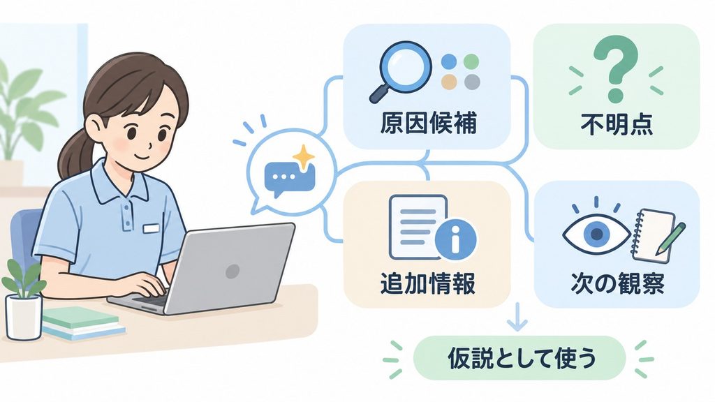 原因候補・不明点・追加情報・次の観察を分けてAIへ依頼する図解です。
