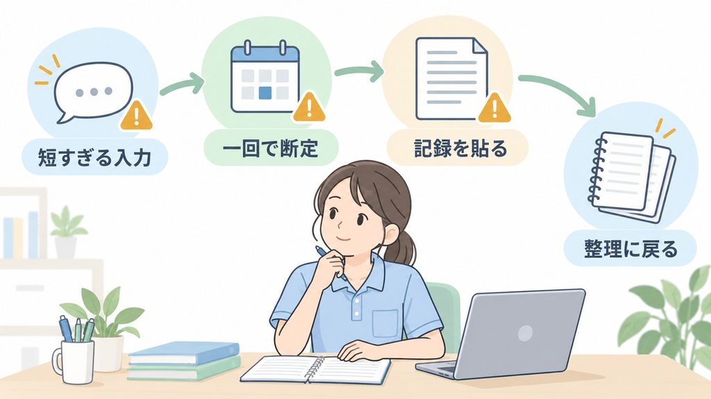 情報不足・一回での断定・記録の貼付けという三つの失敗を示す図解です。
