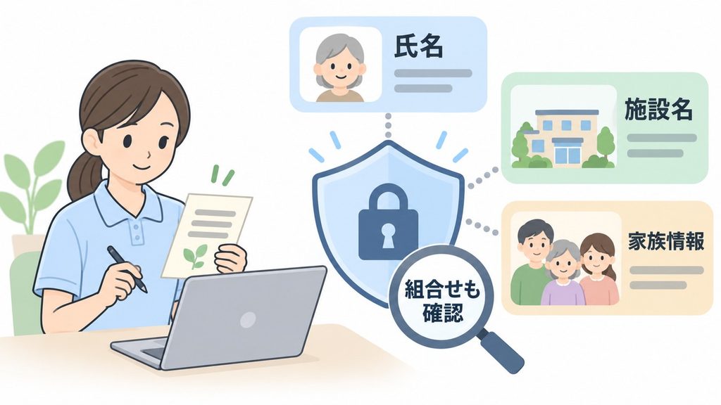 氏名以外の施設名や家族情報の組合せも確認する匿名化の図解です。
