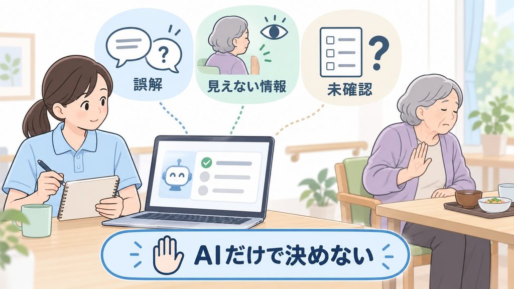 AIの誤解、非言語情報、未確認事項から原因を断定しない図解です。
