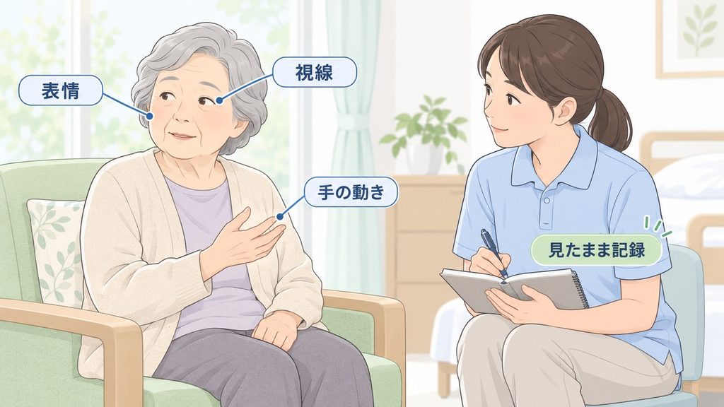 本人の表情・視線・手の動きを介護職員が観察して記録する図解です。
