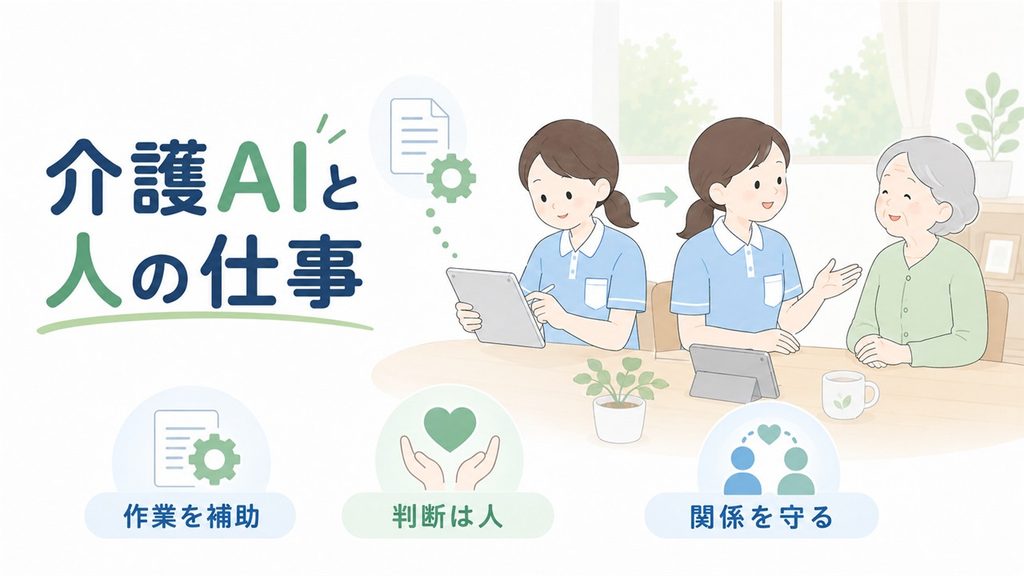 AIで文書を補助し、人が利用者との対話や判断を担う介護現場のイラストです。