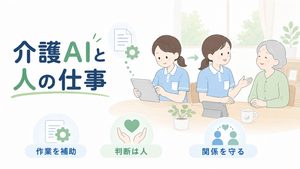 AIで文書を補助し、人が利用者との対話や判断を担う介護現場のイラストです。