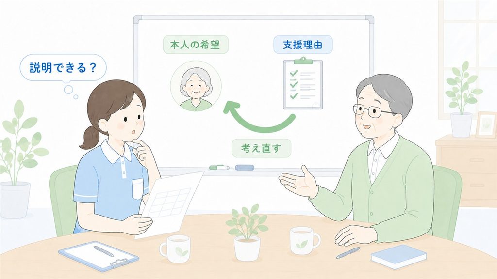 支援理由を説明できるか確認し、本人理解から考え直す職員同士の場面です。