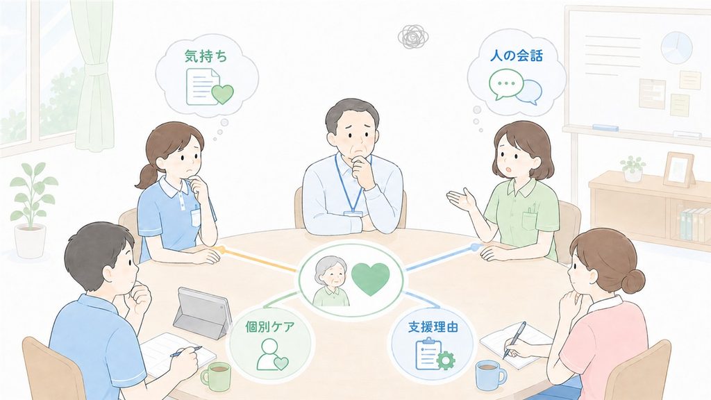 AI導入に対する職員の四つの不安を共通目標の周りに整理したイラストです。