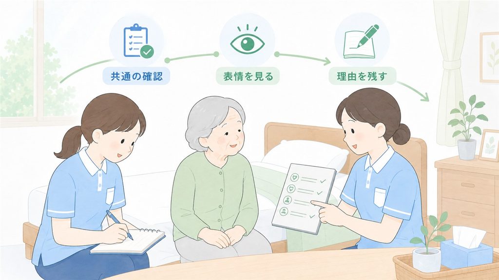 共通の確認点から本人の表情を見て、個別判断の理由を記録する場面です。