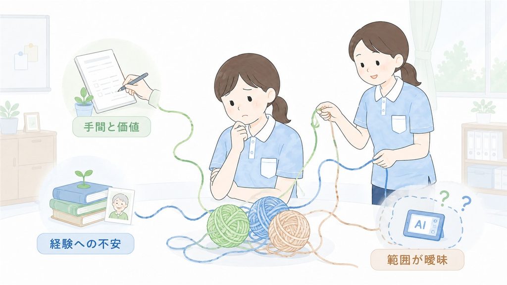 AIへの抵抗の背景にある手間、経験、範囲の曖昧さを糸で表した図です。