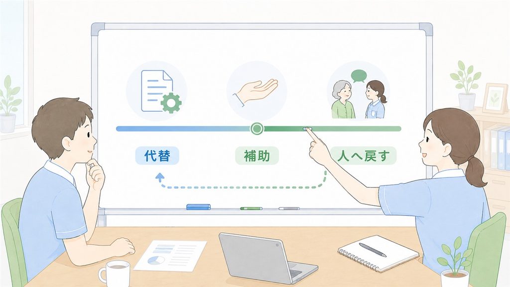 AIの代替と補助の境界を決め、必要時に人へ戻す仕組みを確認する場面です。