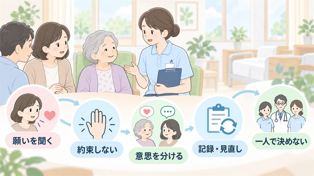 家族の願いを聞き、即答を避け、本人の意思を整理して記録・見直しへ進む流れの図です。
