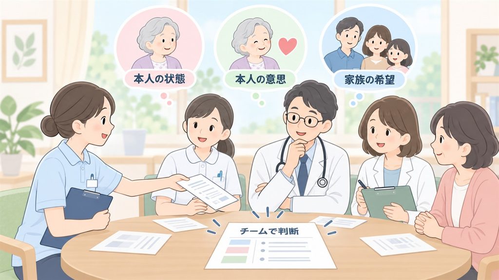 介護士が本人の状態と家族の希望を記録して渡し、医療・ケアチームが確認する場面です。
