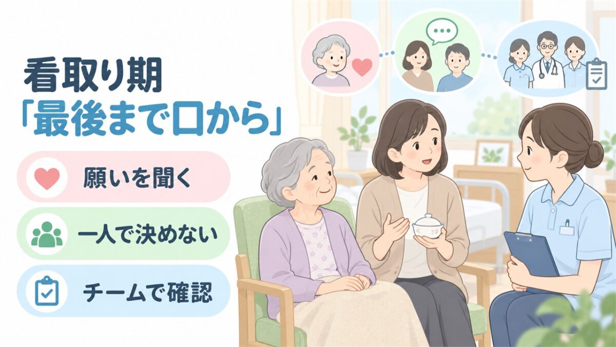 家族の「最後まで口から」という願いを介護士が受け止め、チーム確認へつなぐ様子のイラストです。