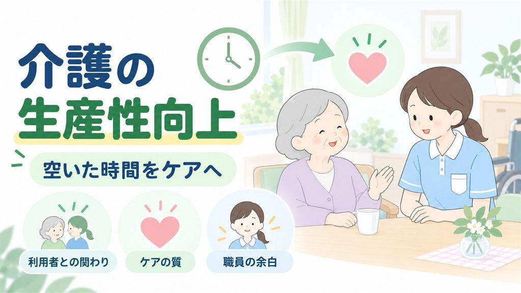 効率化で生まれた時間を利用者との関わりやケアの質、職員の余白へ振り向ける考え方を描いたイラストです。