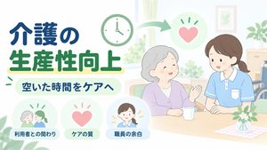 効率化で生まれた時間を利用者との関わりやケアの質、職員の余白へ振り向ける考え方を描いたイラストです。