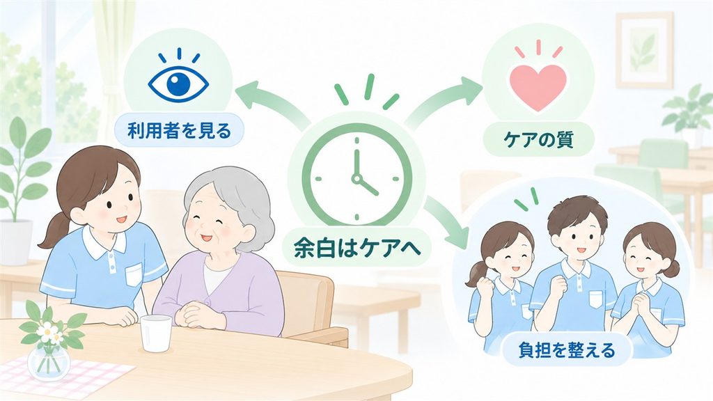 効率化で生まれた時間を利用者との関わりやケアの質、職員の余白へ振り向ける考え方を描いたイラストです。